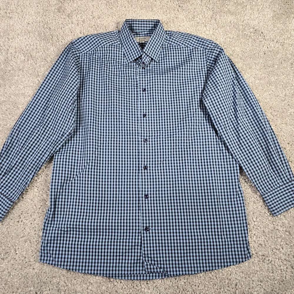 Eton Mens Gingham Plaid Dress Shirt Size Large Blue Business‎ Office Classic